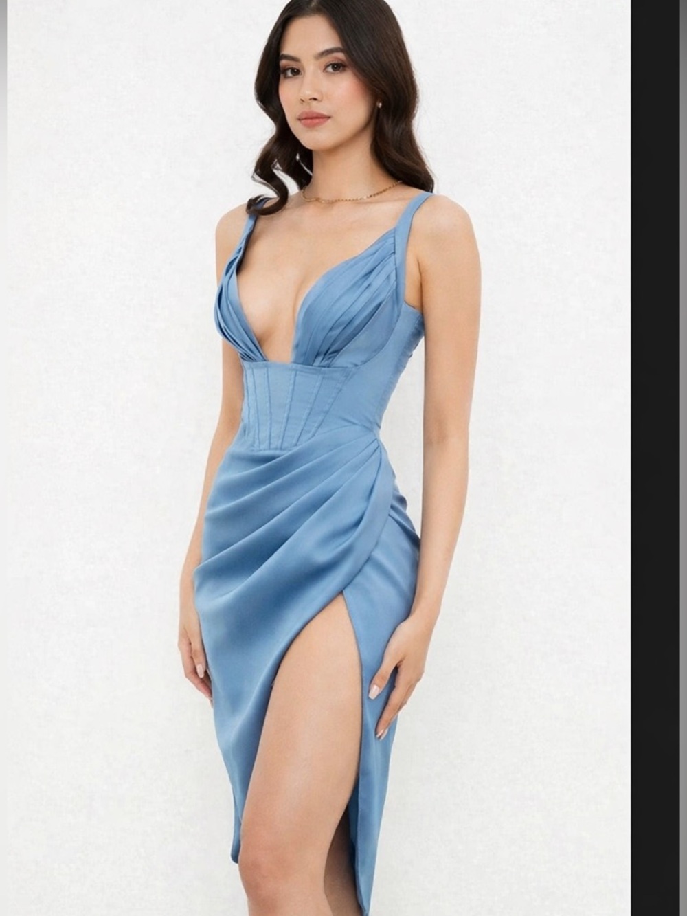 House Of Cb Faye Blue Satin Corset Midi Dress Xs Us 2-4
